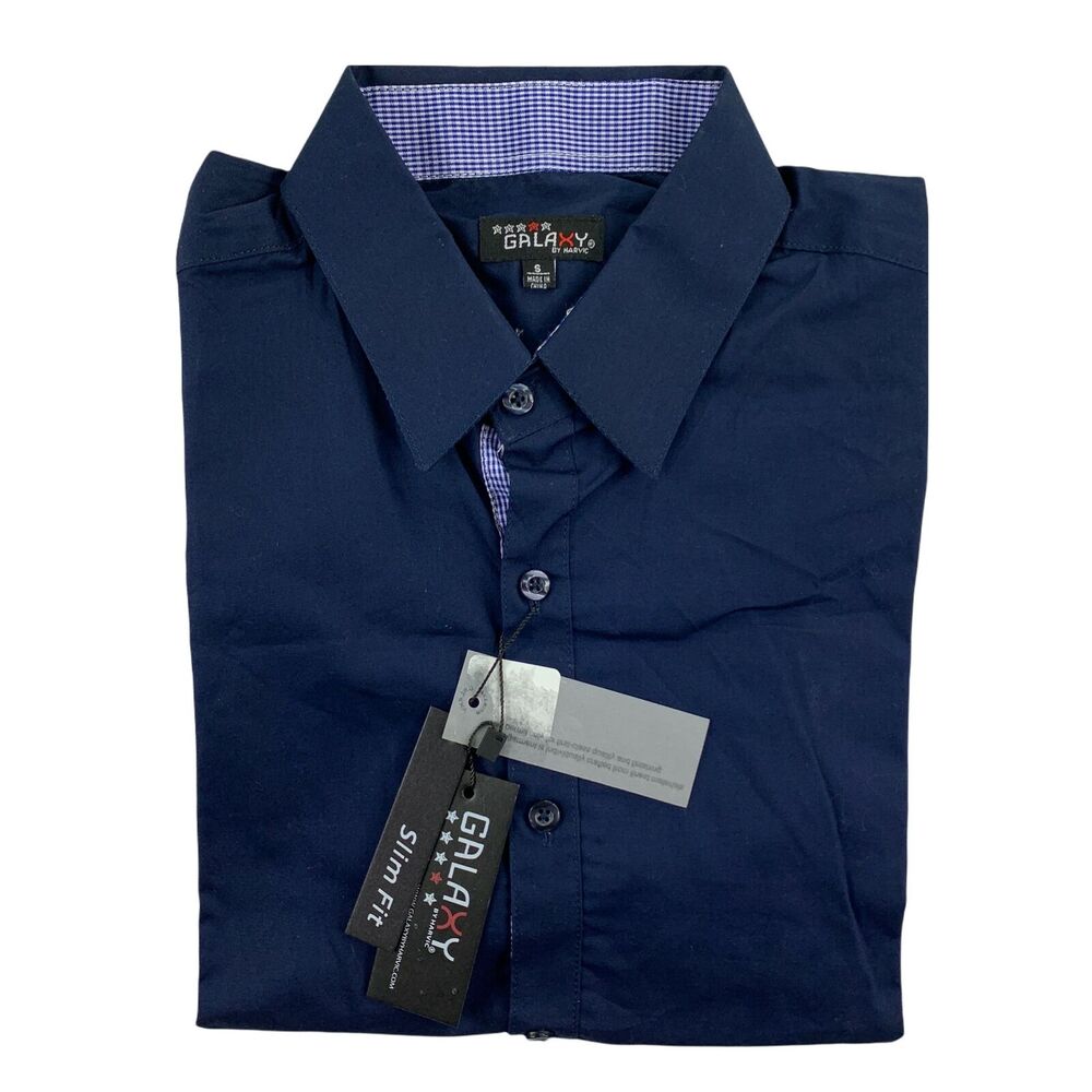 Galaxy by Harvic Mens Slim Fit Short Sleeve Button Down Shirt Navy Blue S